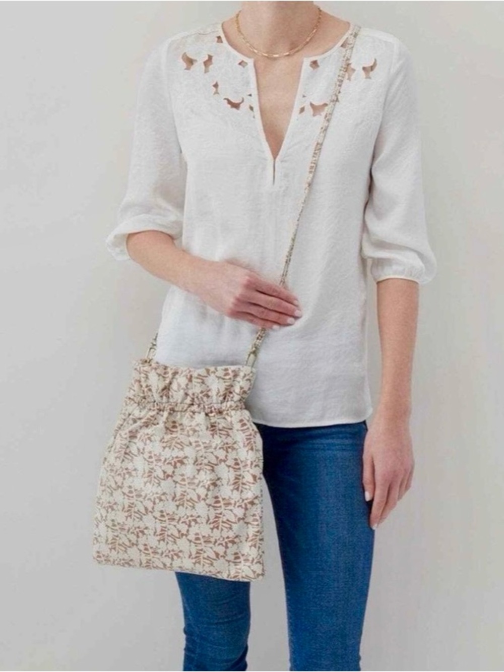 HOBO Hide Leather Floral Drawstring Crossbody Bag - Cream & Brown